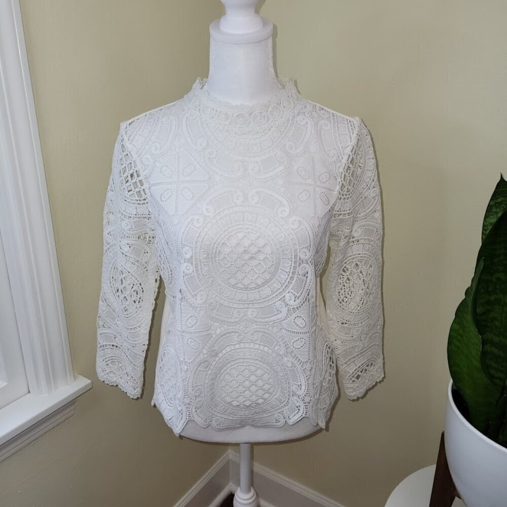 Anthropologie James Coviello Medallion Lace Front  Mock Neck Ivory Blouse SZ SP - Picture 2 of 12